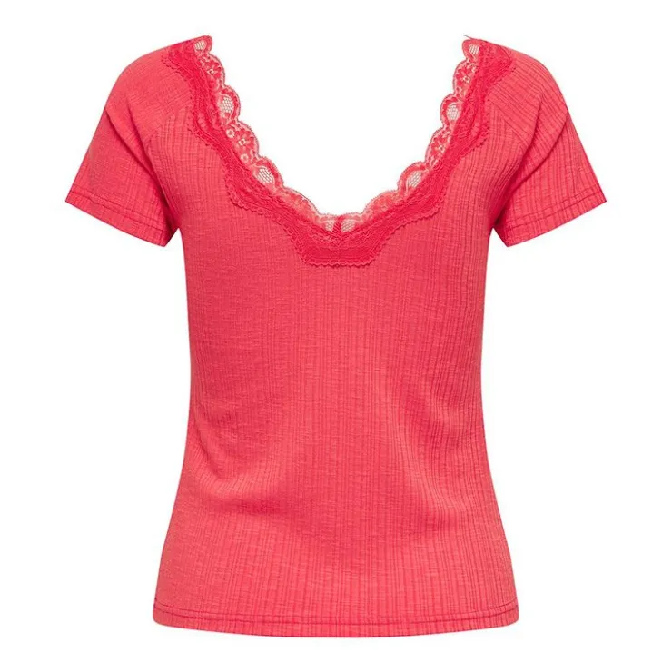 ONLY Haut manches courtes Lennie rouges dentelle décolleté Femme ORANGE New