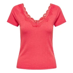 ONLY Haut manches courtes Lennie rouges dentelle décolleté Femme ORANGE New