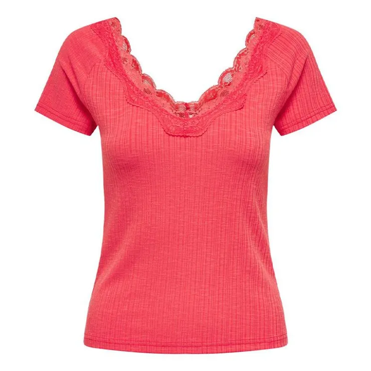 ONLY Haut manches courtes Lennie rouges dentelle décolleté Femme ORANGE New