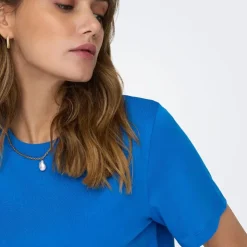 JDY Haut manches courtes Pisa col rond 100% coton cloud dancer Femme BLEU Clearance