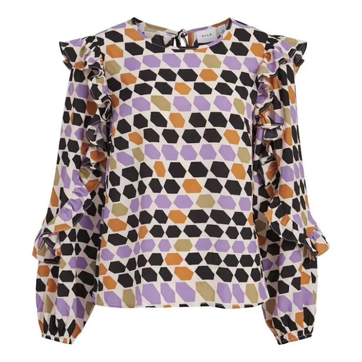 VILA Haut ml vifisker l/s frill top /rx 14079871 Femme BLANC ECRU Sale