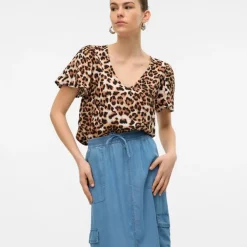 VERO MODA Haut tan à motif léopard manches courtes Femme MARRON Sale