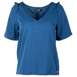 DEELUXE 74 Haut uni col V volants épaules Femme BLEU FONCE Hot