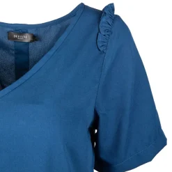 DEELUXE 74 Haut uni col V volants épaules Femme BLEU FONCE Hot