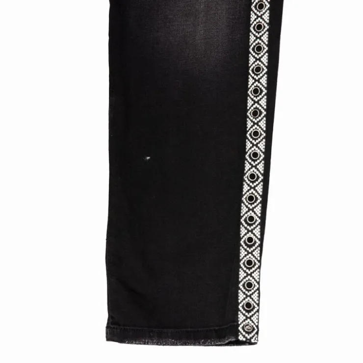 PLEASE Jean denim taille haute regular avec bandes motif éthnique Femme NOIR