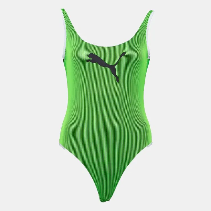 PUMA Maillot de bain une pièce à rayures fluo logo noir Femme VERT New