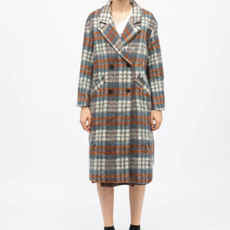 LA PETITE ETOILE Manteau mi longue à carreaux avec boutons naelle Femme BLEU New