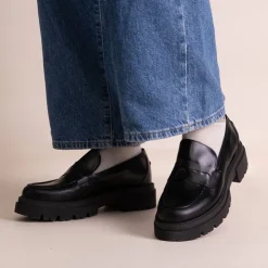 EXIT Mocassins es cuir semelle épaisse Femme NOIR Best