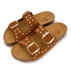 I AM Mules à clous doubles brides en cuir Femme MARRON CLAIR