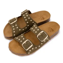 I AM Mules à clous doubles brides en cuir Femme KAKI Clearance