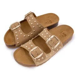 I AM Mules à clous doubles brides en cuir Femme BEIGE