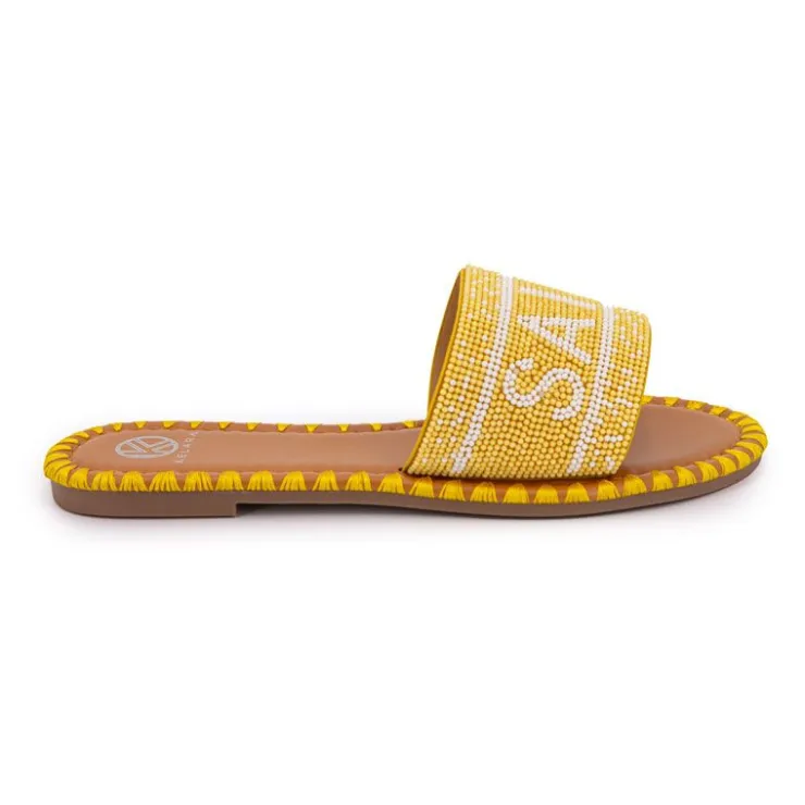 KELARA Mules avec bride à perles inscription saint tropez Femme JAUNE Hot