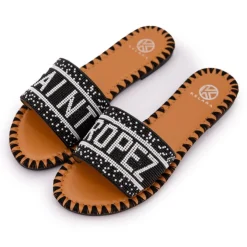 KELARA Mules avec bride à perles inscription saint tropez Femme NOIR New