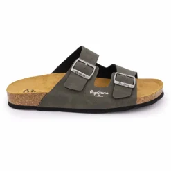 PEPE JEANS Mules boucle plate double bride uni Homme KAKI Clearance