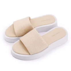 CALVIN KLEIN Mules coton avec monogramme basses Femme BEIGE New