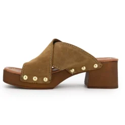 LES TROPEZIENNES PAR M.BELARBI Mules croisées pipa à talons de 6cm avec clous doré Femme KAKI Clearance