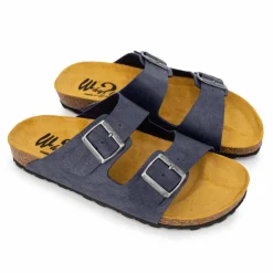 WHY LAND Mules cuir toile légère double bride Homme BLEU