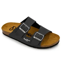 PEPE JEANS Mules double bride cuir boucle dorée Homme GRIS FONCE Outlet