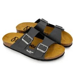 PEPE JEANS Mules double bride cuir boucle dorée Homme GRIS FONCE Outlet