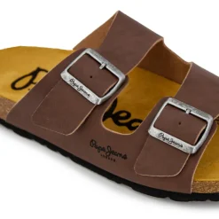 PEPE JEANS Mules double bride cuir boucle dorée Homme MARRON Outlet