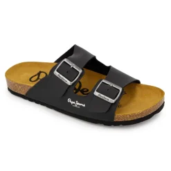 PEPE JEANS Mules double bride cuir boucle dorée Homme NOIR Online