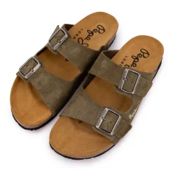 PEPE JEANS Mules double bride daim boucles argentées Homme KAKI Online