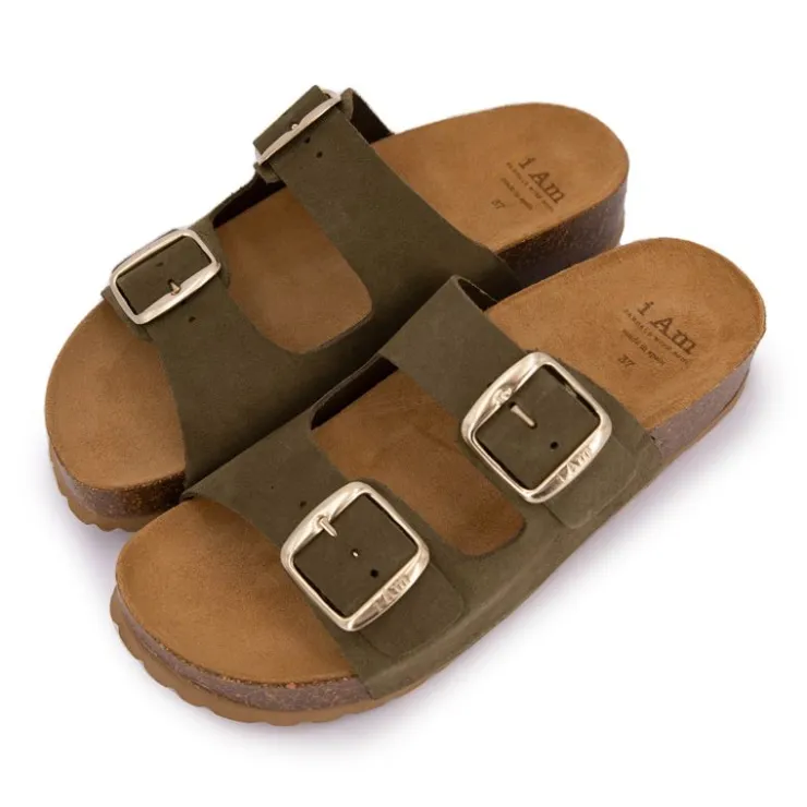 I AM Mules double brides compensée en daim Femme KAKI Best