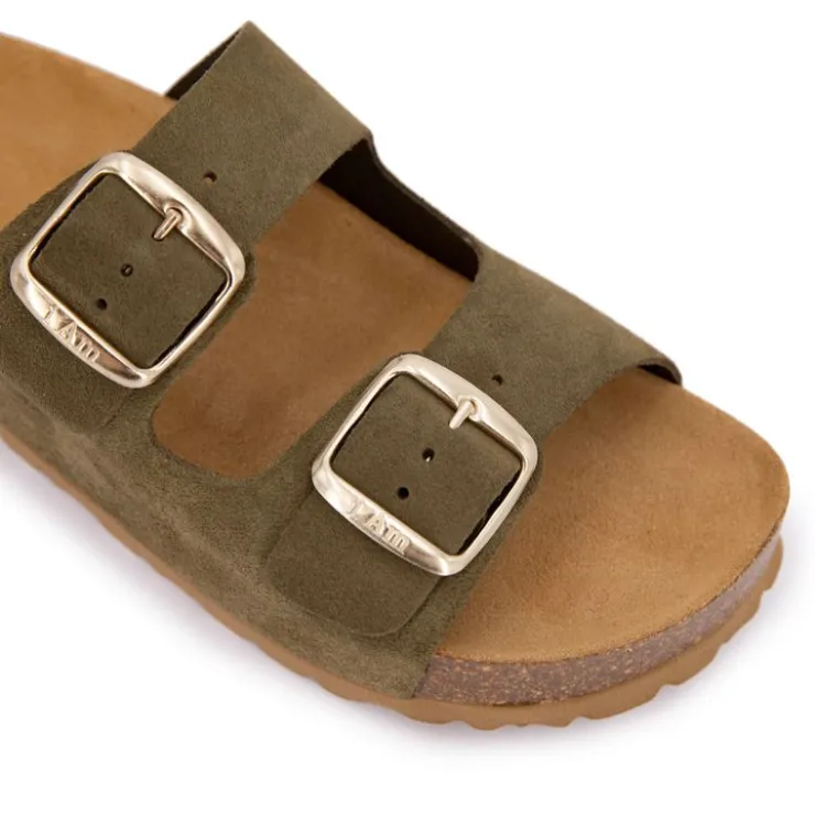 I AM Mules double brides compensée en daim Femme KAKI Best