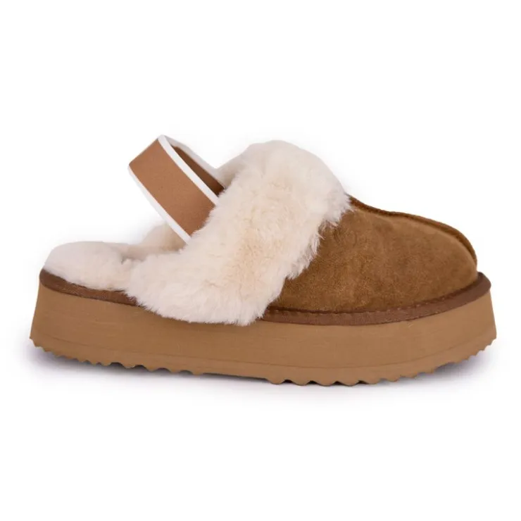 KELARA Mules en cuir fourrées avec élastique Femme MARRON Clearance