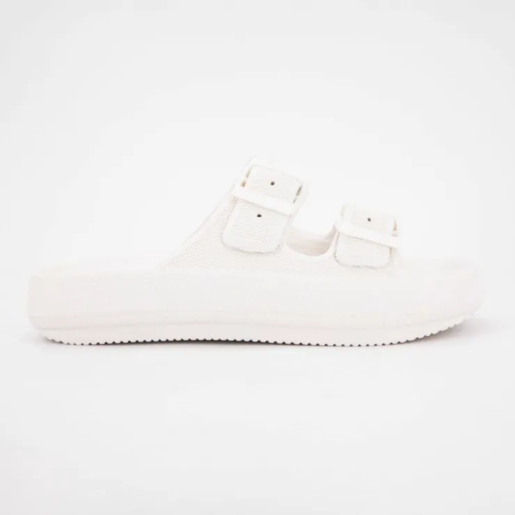 AMERICAN COLLEGE Mules en plastique double brides à boucles semelle épaisse Femme BLANC Hot