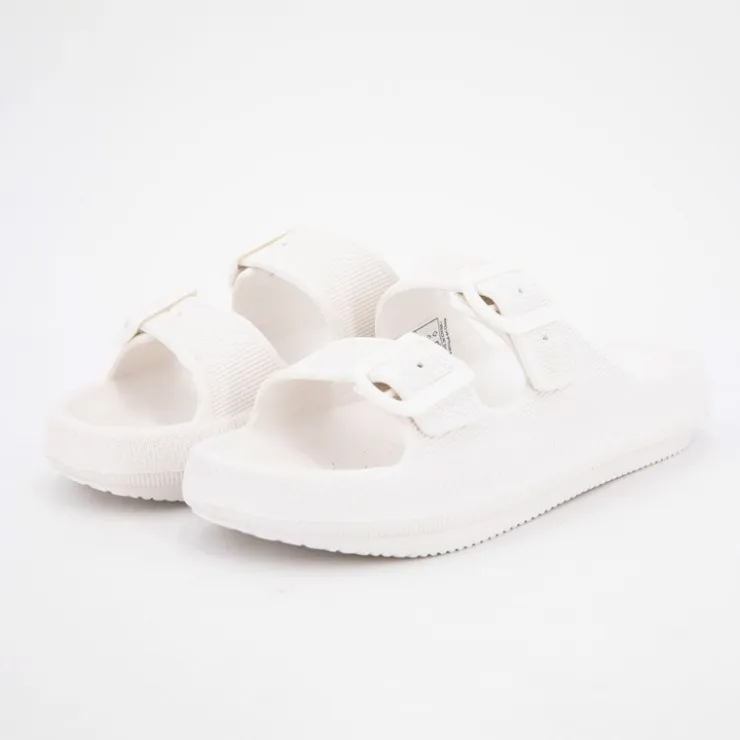 AMERICAN COLLEGE Mules en plastique double brides à boucles semelle épaisse Femme BLANC Hot
