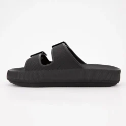 AMERICAN COLLEGE Mules en plastique double brides à boucles semelle épaisse Femme NOIR Hot