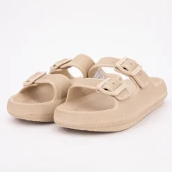 AMERICAN COLLEGE Mules en plastique double brides à boucles semelle épaisse Femme BEIGE New