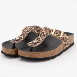 I AM Mules léopard cuir entre doigt semelle foncée Femme MARRON CLAIR Sale