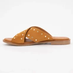 CARLA TORTOSA Mules setter cuir à clous dorés Femme MARRON New