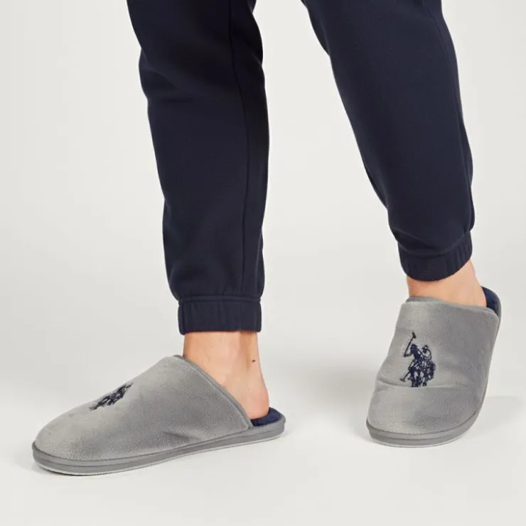 US POLO Pantoufles en fausse fourrure avec grand logo brodé Homme GRIS CLAIR New
