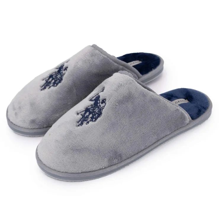 US POLO Pantoufles en fausse fourrure avec grand logo brodé Homme GRIS CLAIR New