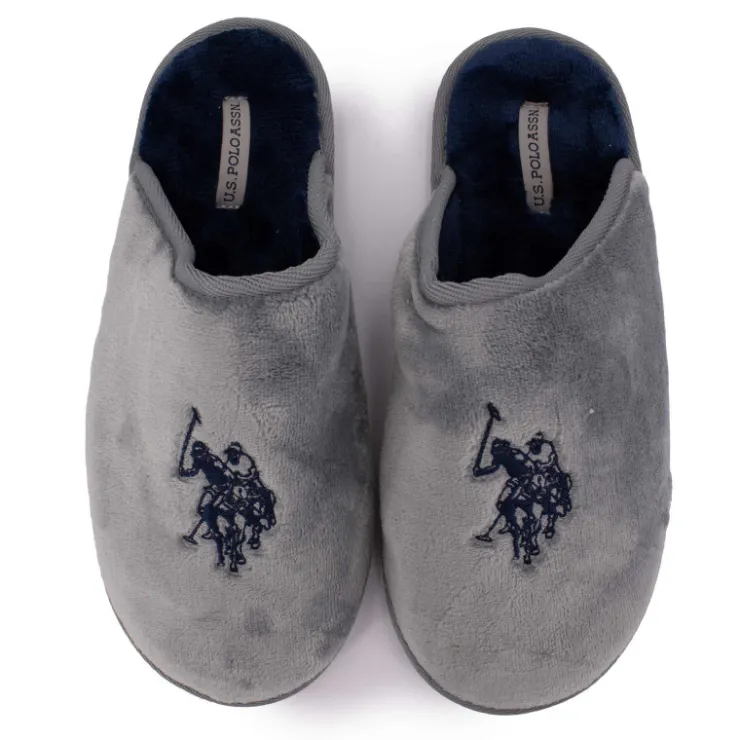 US POLO Pantoufles en fausse fourrure avec grand logo brodé Homme GRIS CLAIR New