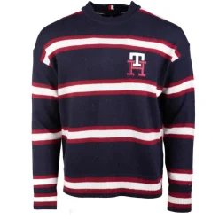 TOMMY HILFIGER Pull à rayures blanches logo écusson maille fine Homme BLEU FONCE Hot