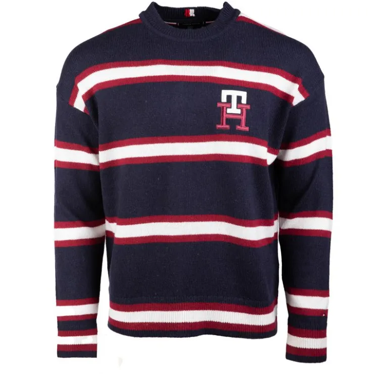 TOMMY HILFIGER Pull à rayures blanches logo écusson maille fine Homme BLEU FONCE Hot