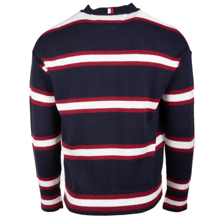 TOMMY HILFIGER Pull à rayures blanches logo écusson maille fine Homme BLEU FONCE Hot
