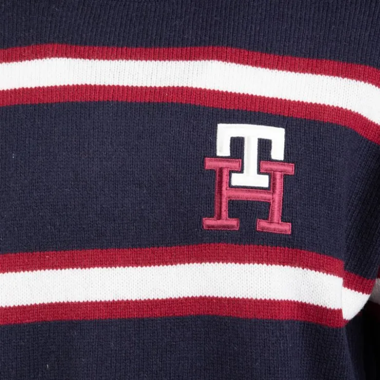 TOMMY HILFIGER Pull à rayures blanches logo écusson maille fine Homme BLEU FONCE Hot