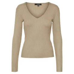 VERO MODA Pull Autumn cotelé col V ajusté Femme MARRON CLAIR Hot