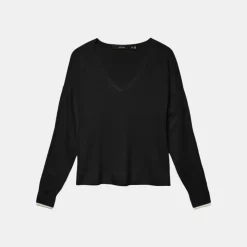 VERO MODA Pull breeze maille fine col v avec liseré Femme NOIR Sale