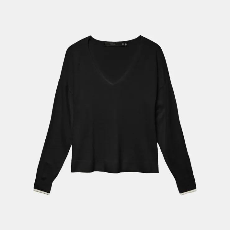 VERO MODA Pull breeze maille fine col v avec liseré Femme NOIR Sale