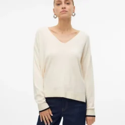 VERO MODA Pull breeze maille fine col v avec liseré Femme BLANC ECRU Clearance