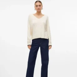 VERO MODA Pull breeze maille fine col v avec liseré Femme BLANC ECRU Clearance