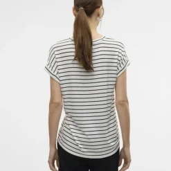 VERO MODA Pull Brianna à rayures en maille fine col rond Femme BLANC ECRU Clearance