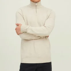 JACK & JONES Pull col haut zippé tissu crocheté souple coton Homme BEIGE Outlet