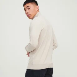JACK & JONES Pull col haut zippé tissu crocheté souple coton Homme BEIGE Outlet